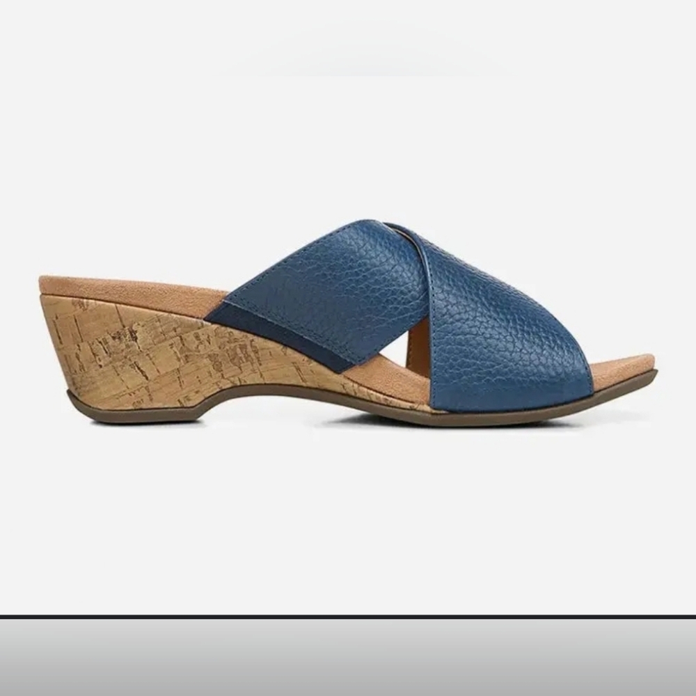 Vionic (Sz 9.5) Blue & Tan Adjustable Crisscross Strap Leticia Open Toe Sandals - Picture 12 of 14